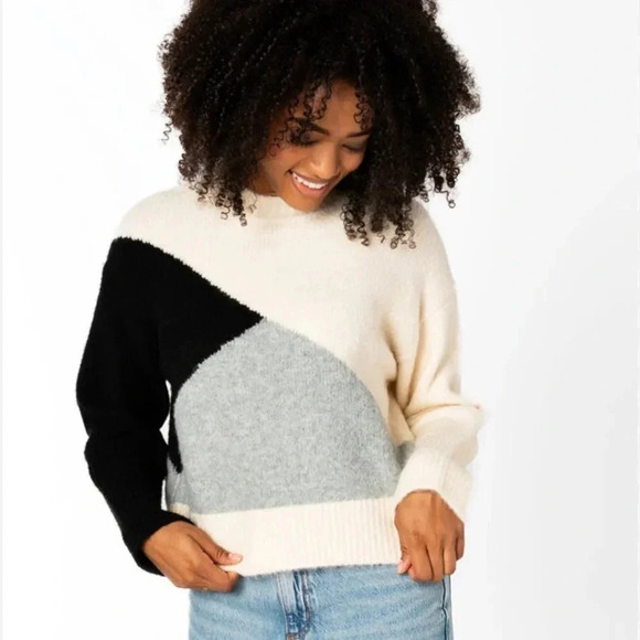 NWT ZARA Woolen Chunky Knit‎ Cropped Color Block Sweater M - Picture 1 of 10
